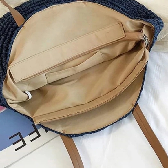 NEW Boho Large Round Straw Woven Shoulder Bag Handmade Summer Beach Tote Bag - Picture 3 of 7